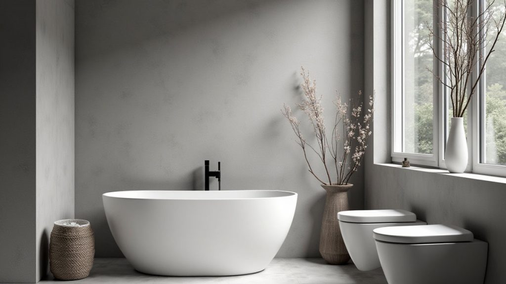 Modern bathroom interior with lime plastered walls, highlighting the material’s natural resistance to moisture and long-term durability in humid environments