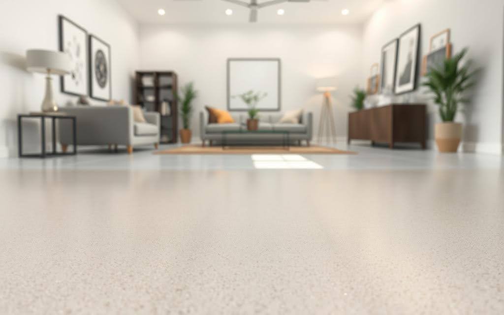 Microtopping flooring in modern living room showing seamless concrete overlay with polished finish and contemporary furniture