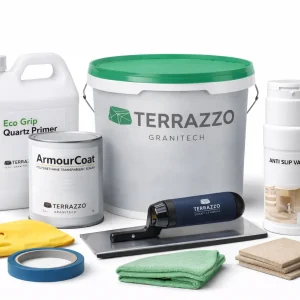 Terrazzo Granitech Microterrazzo 600Q kit for 100 sq ft, with resin, aggregates, and tools.